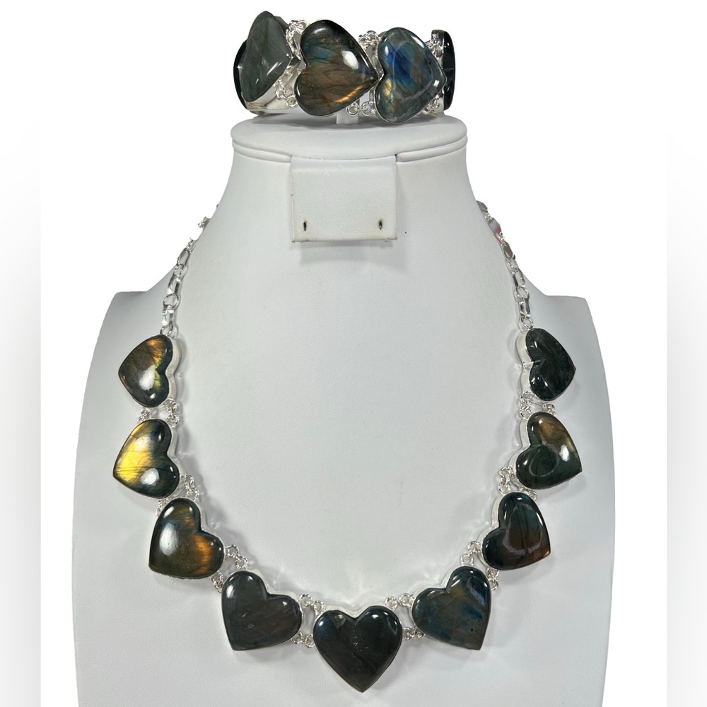Labradorite Hearts 925 Large Gemstone Necklace & Bracelet Set